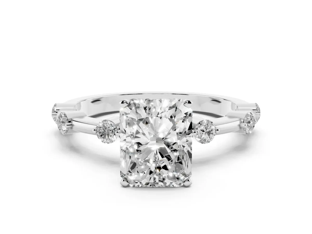 Radiant Cut Solitaire Diamond Ring with Bezel Set Side Stones and Prong Setting Platinum