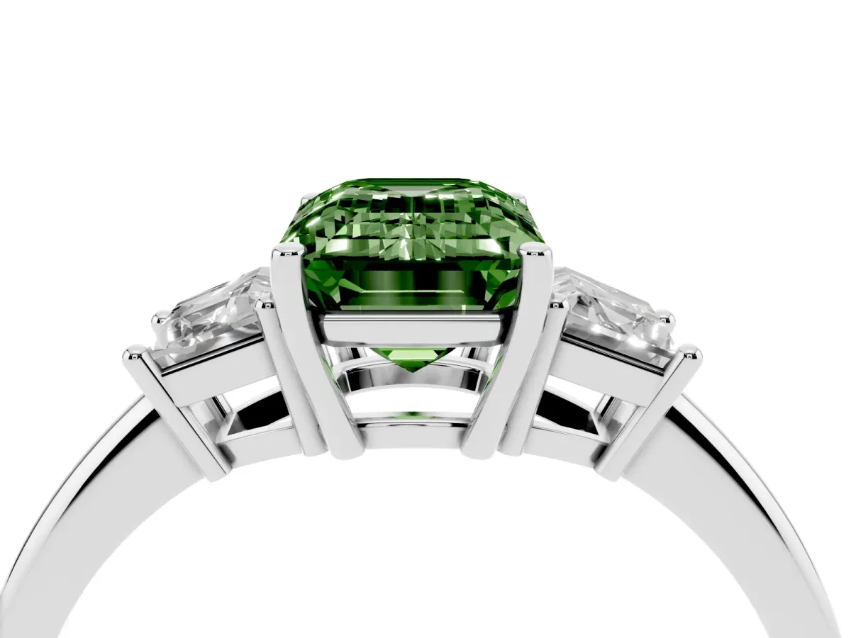 Fancy Green Emerald Cut Diamond Three-Stone Ring with Trapezoid Side Stones and Prong Setting Silver
