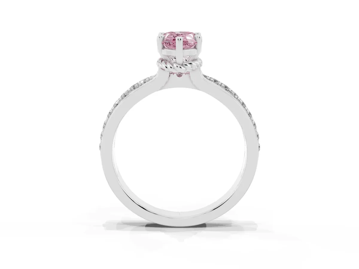 Fancy Pink Pear Cut Solitaire Diamond Ring with Channel Set Band and Six-Prong Setting Silver