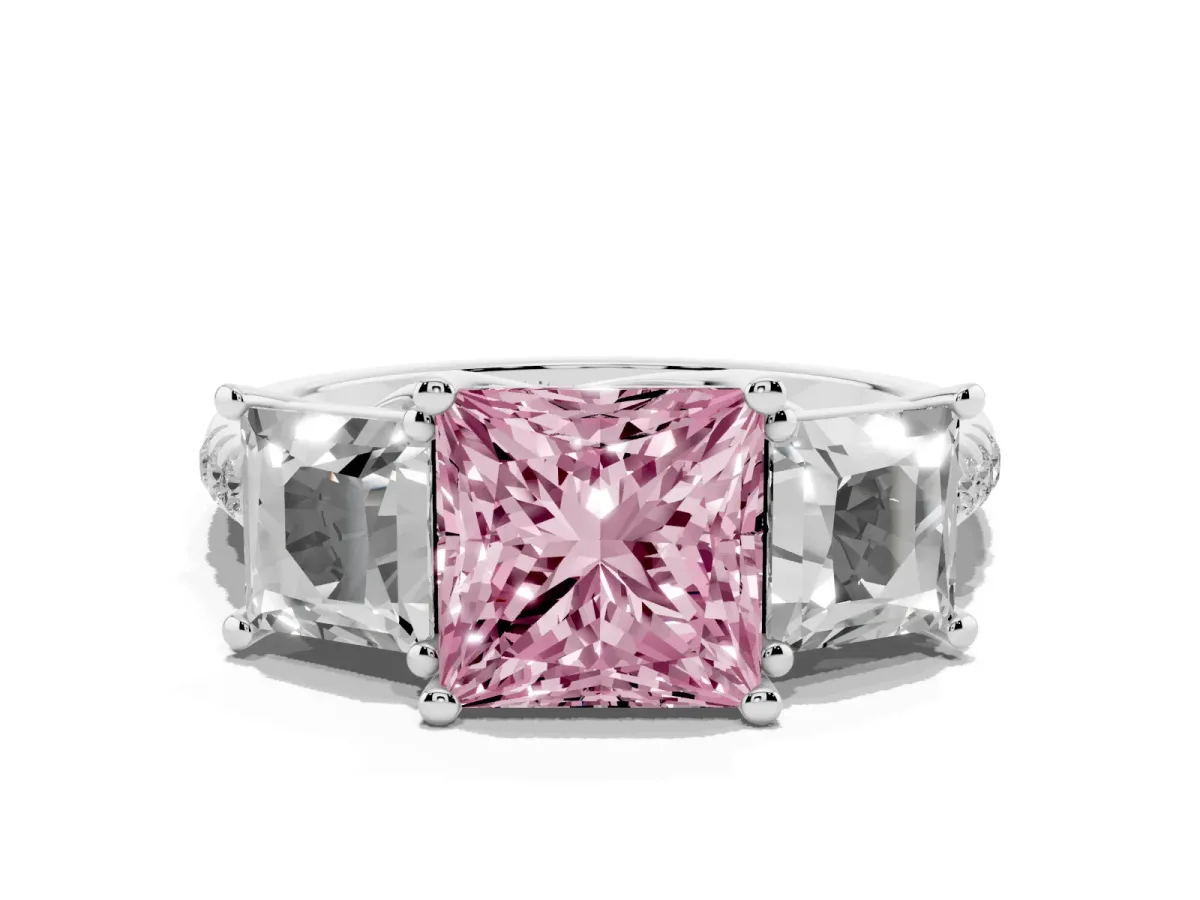 Fancy Pink Three-Stone Princess Cut Diamond Ring with Round Pavé Band and Prong Setting Silver
