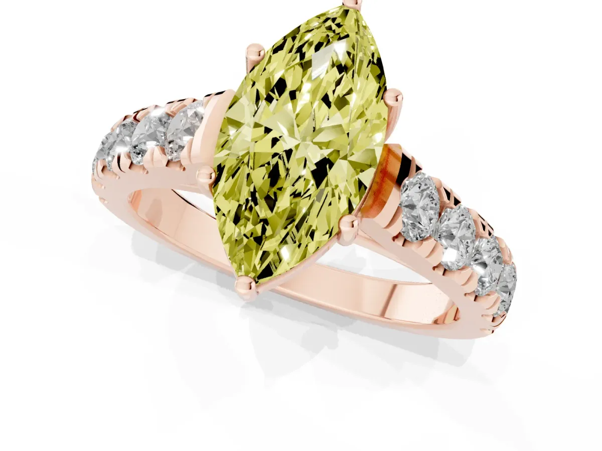 Fancy Yellow Marquise Cut Cut Diamond Solitaire Ring with Micro Pave Band and Prong Setting Rose gold