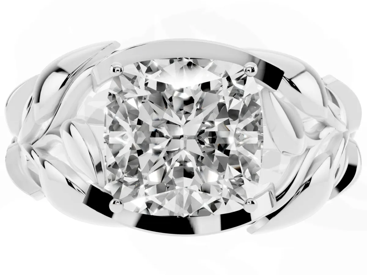 Cushion Cut Diamond Leaf-Inspired Engagement Ring with Round Accents and Prong Setting Silver
