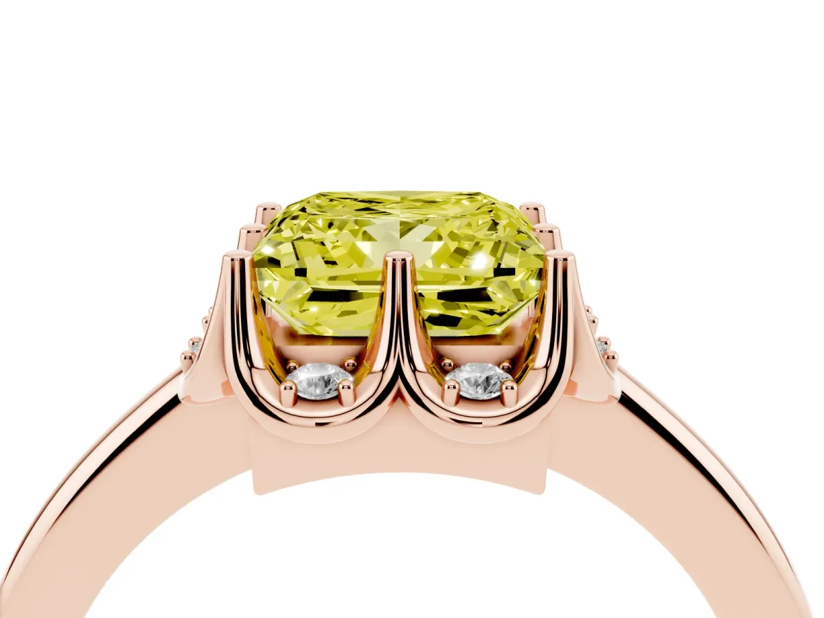 Fancy Yellow Princess Cut Halo Diamond Ring with Round Cluster Setting, Solitaire Band, and Four-Prong Setting Rose gold