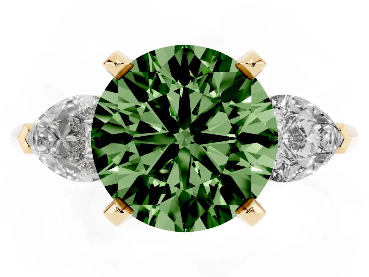 Fancy Green Three-Stone Round Cut Diamond Ring with Pear Side Stones and Four-Prong Setting Yellow gold