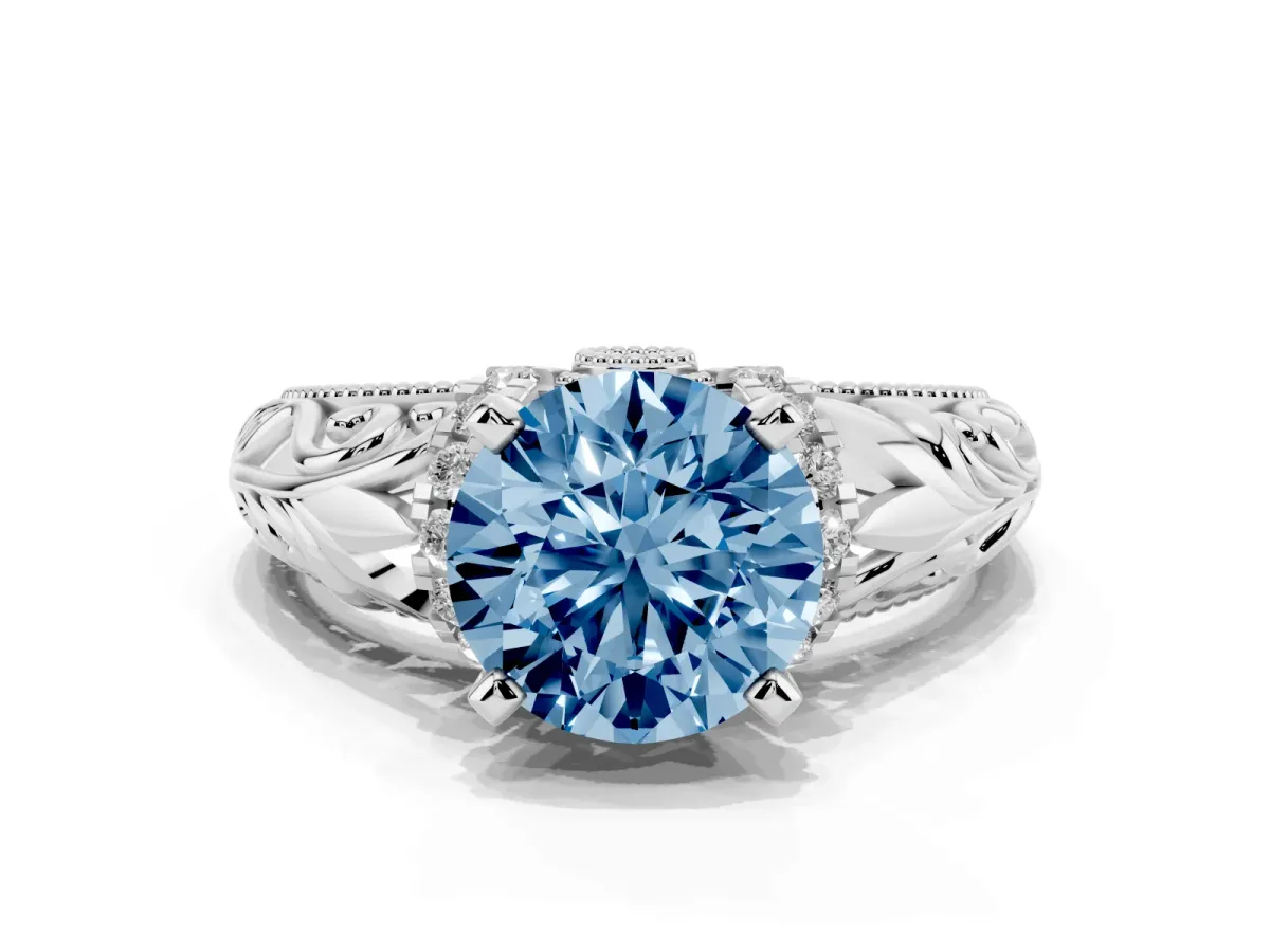 Fancy Blue Round Cut Solitaire Filigree Engagement Ring with Halo and Prong Setting White gold