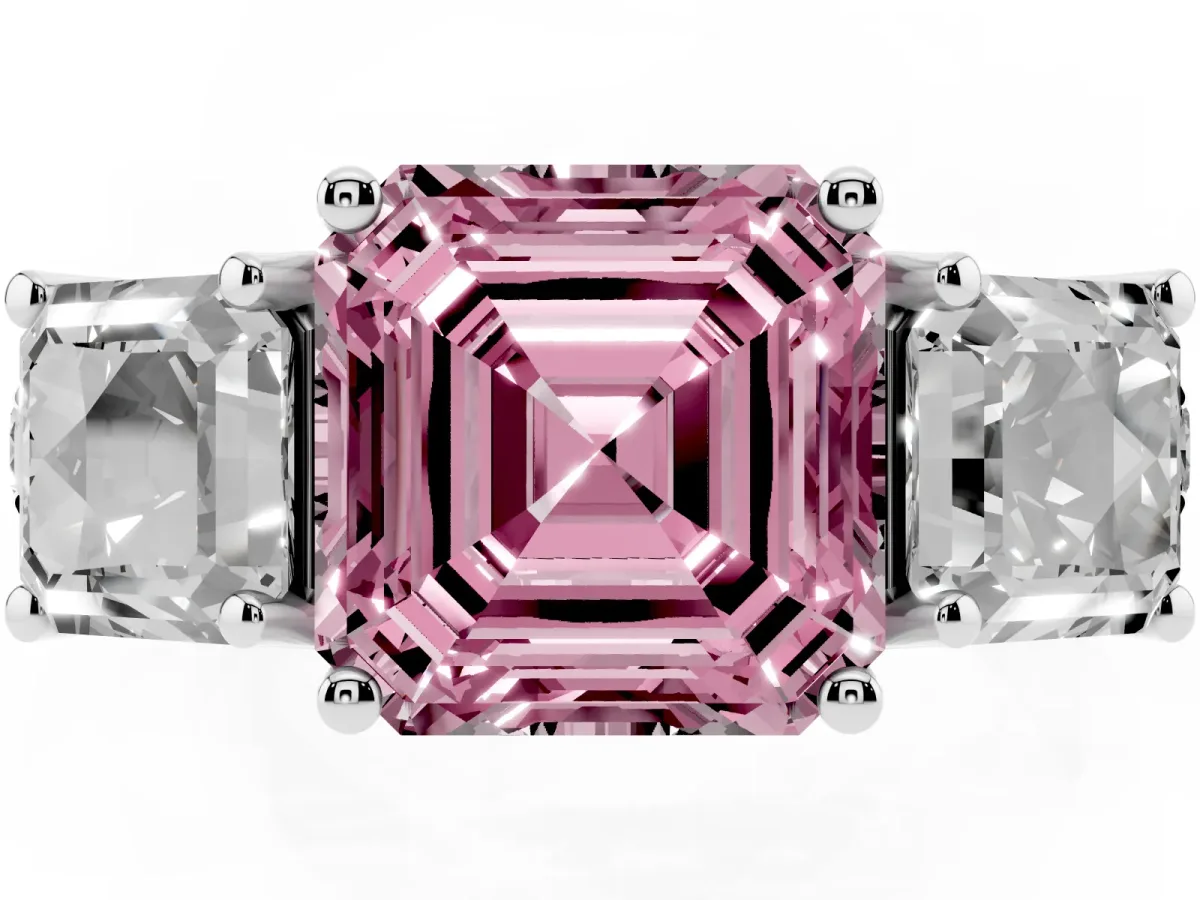 Fancy Pink Three-Stone Asscher Cut Diamond Pavé Band with Prong Setting Platinum