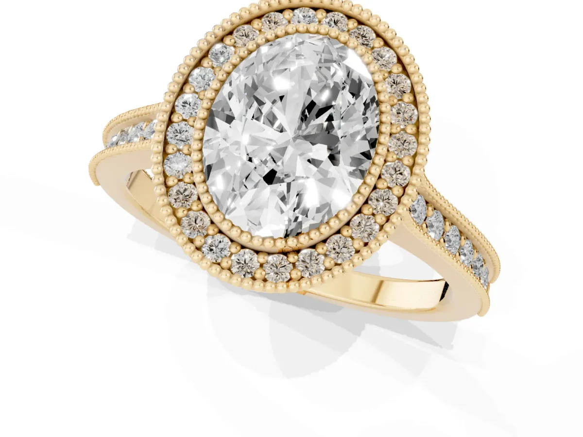 Halo Oval Cut-Cut Diamond Pave Band Milgrain Prong Setting Ring Yellow gold