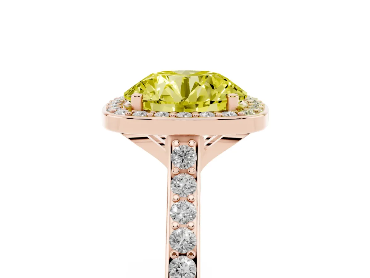 Fancy Yellow Round Cut Diamond Halo Engagement Ring with Round Pavé Shoulders and Prong Setting Rose gold