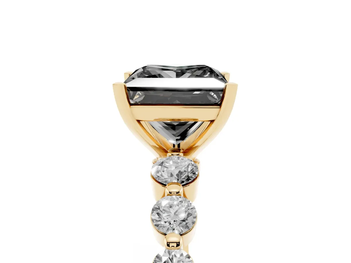 Fancy Black Princess Cut Solitaire Diamond Ring with Pave Band and Four-Prong Setting Yellow gold
