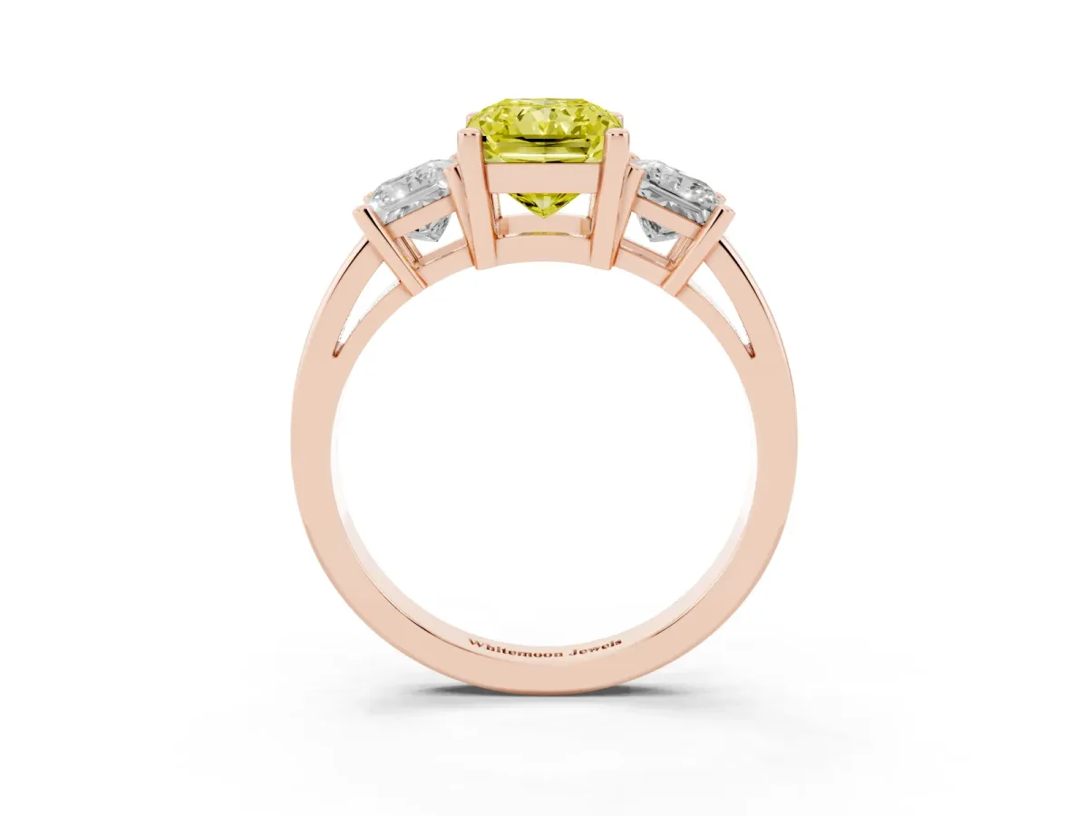 Fancy Yellow Three-Stone Radiant Cut Cut Solitaire Ring with Prong Setting Rose gold
