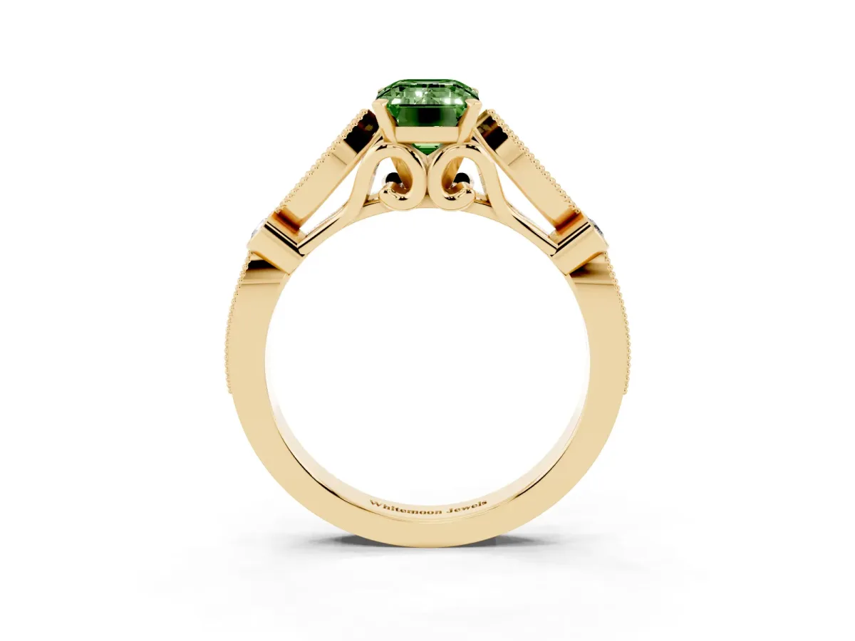 Fancy Green Emerald Cut Cut Diamond with Milgrain Marquise and Bezel Accents on a Solitaire Band with Prong Setting Yellow gold