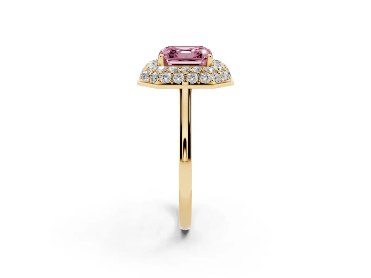 Fancy Pink Asscher Cut Halo Diamond Engagement Ring with Solitaire Band and Four-Prong Setting Yellow gold