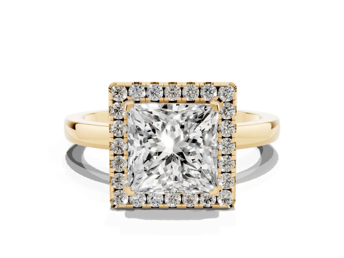 Princess Cut Halo Diamond Solitaire with Pavé Band and Four-Prong Setting Yellow gold