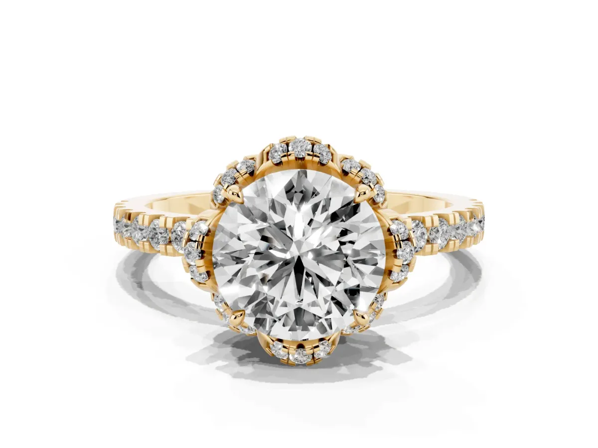 Round Cut Halo Diamond Pave Band Ring with Four-Prong Setting Yellow gold