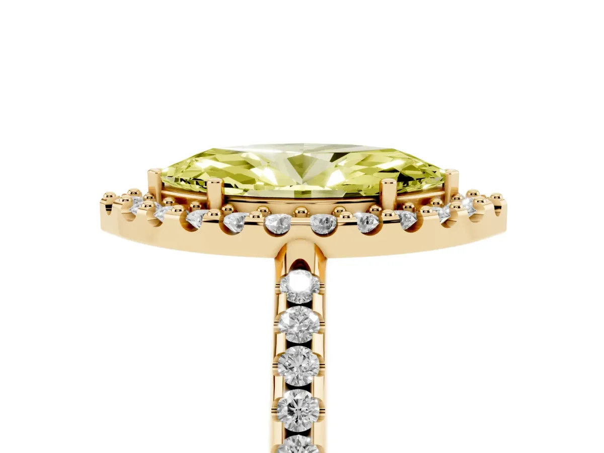 Fancy Yellow Marquise Cut Diamond Pavé Halo Ring with Four-Prong Setting Yellow gold