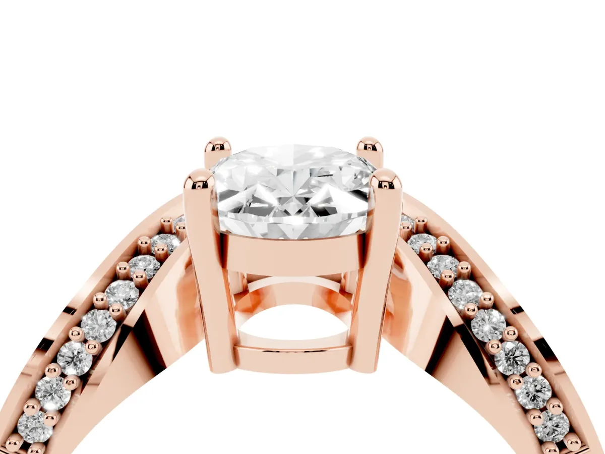 Oval Cut Solitaire Diamond Engagement Ring with Pave Band and Four-Prong Setting Rose gold