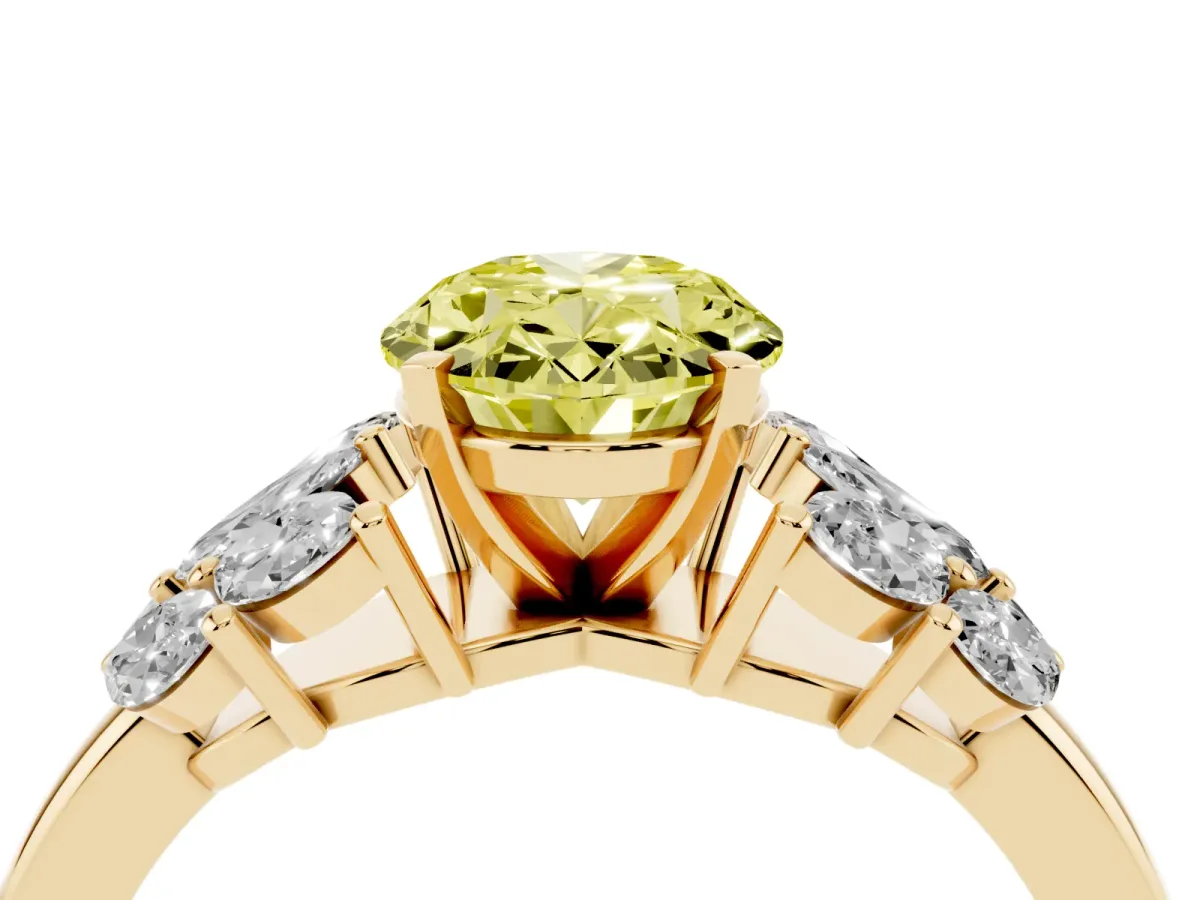 Fancy Yellow Oval Cut Diamond Cluster Leaf Design Ring with Prong Setting Yellow gold