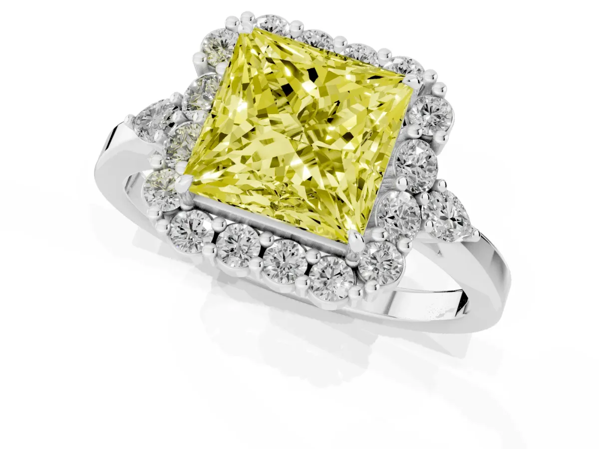 Fancy Yellow Princess Cut Diamond Halo Ring with Pear Side Stones and Prong Setting Silver