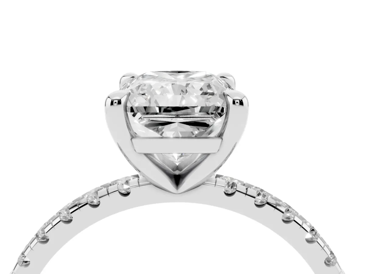 Radiant Cut Diamond Brilliant Solitaire Ring with Pavé Band and Four-Prong Setting Platinum