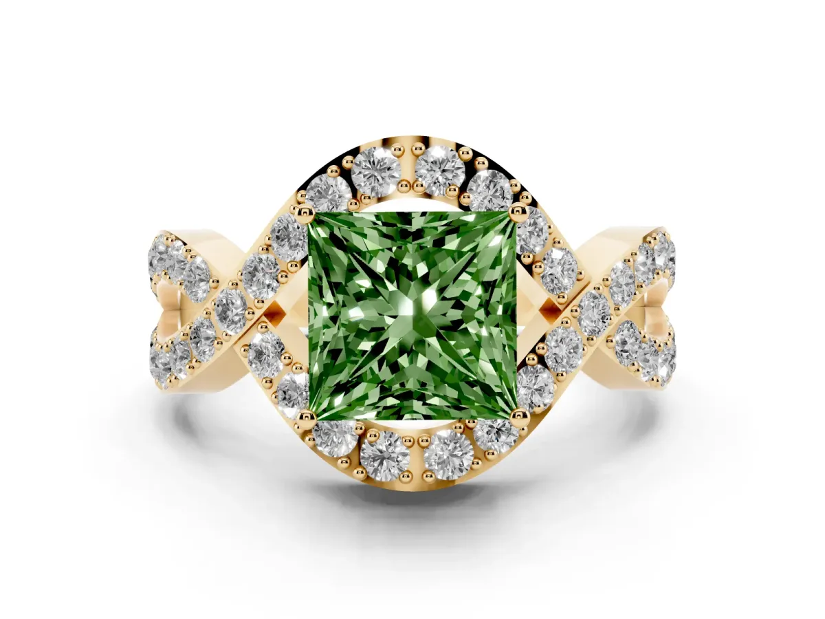 Fancy Green Princess Cut Solitaire Twist Band Pavé Diamond Engagement Ring Yellow gold