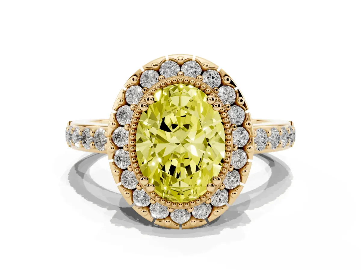 Fancy Yellow Oval Cut Diamond Halo Ring with Pavé Band and Prong Setting Yellow gold
