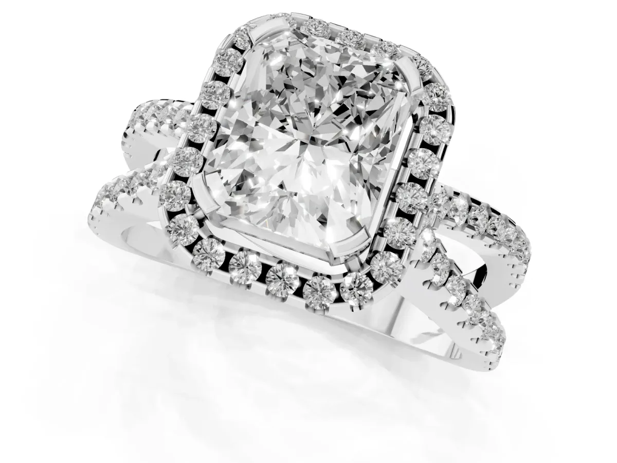 Radiant Cut Diamond Halo Ring with Split Shank Pavé Band and Prong Setting Silver