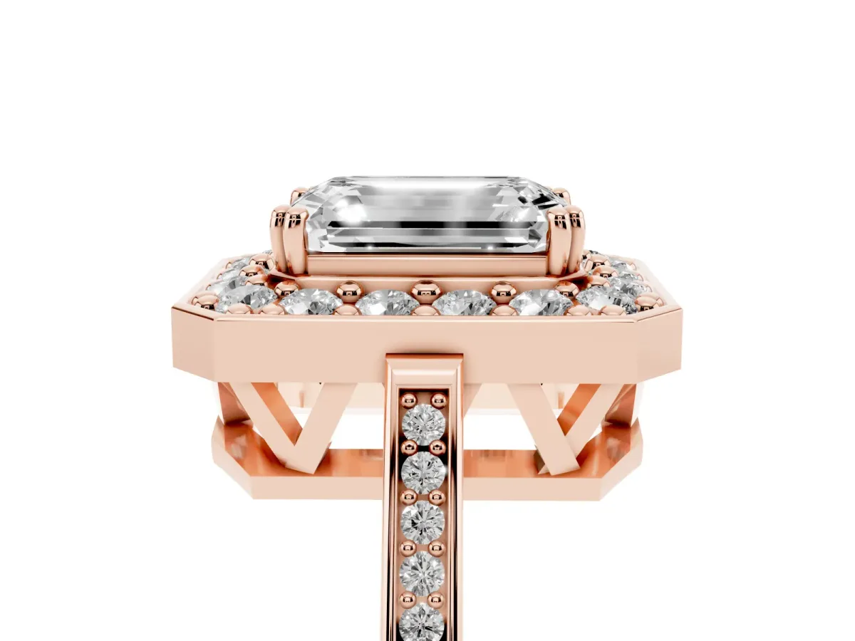 Emerald Cut Diamond Halo Ring with Split Shank and Four-Prong Setting Rose gold
