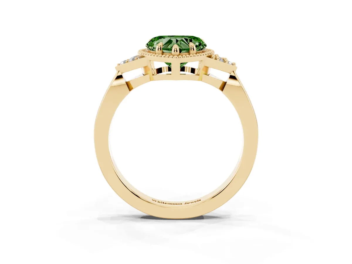 Fancy Green Heart Cut Diamond Halo Ring with Tapered Band and Four-Prong Setting Yellow gold