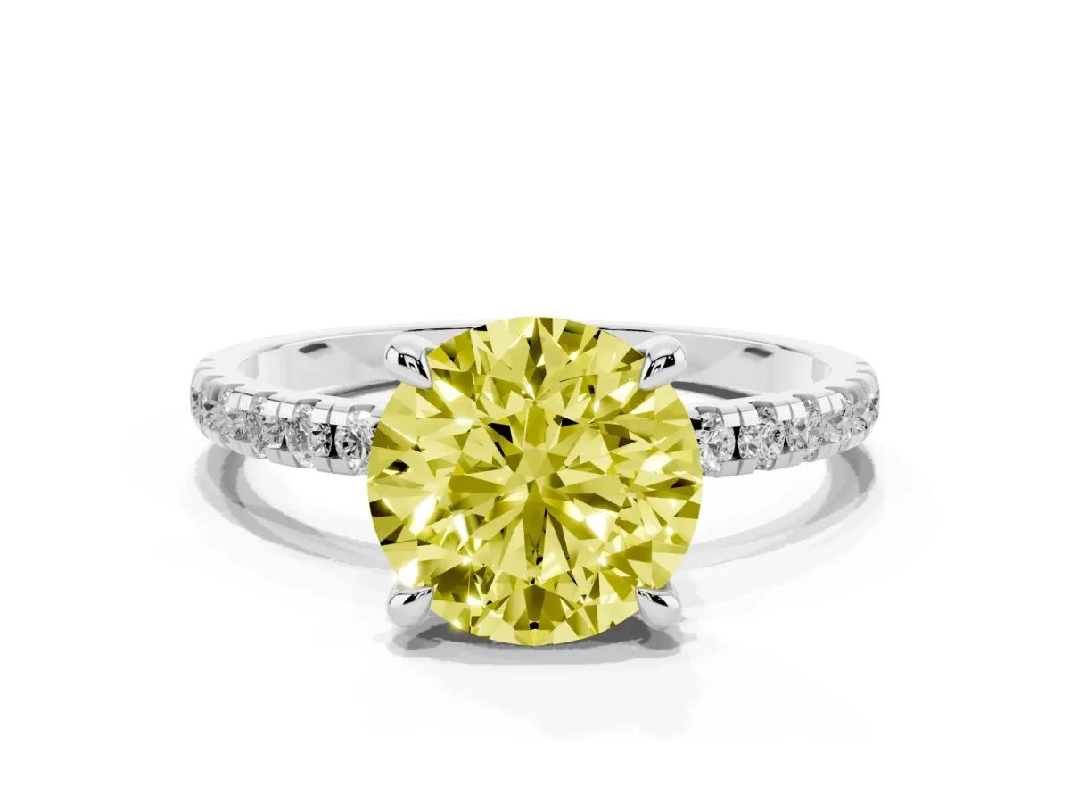 Fancy Yellow Round Cut Diamond Brilliant Solitaire Ring with Pavé Band and Four-Prong Setting White gold