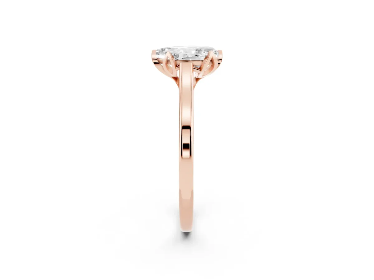 Pear Cut Diamond Solitaire Ring with Flower Prong Setting and Classic Band Rose gold