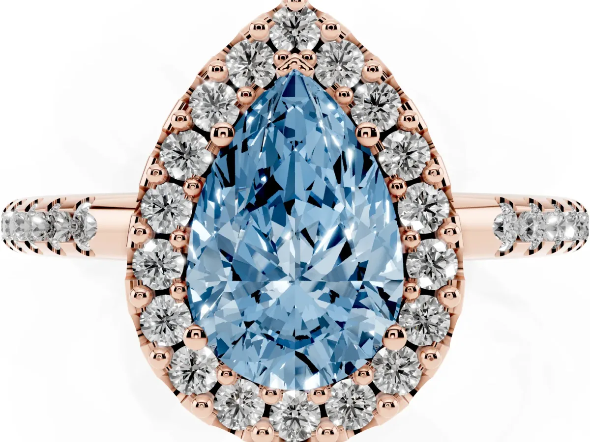 Fancy Blue Pear Cut Diamond Pavé Halo Ring with Four-Prong Setting Rose gold