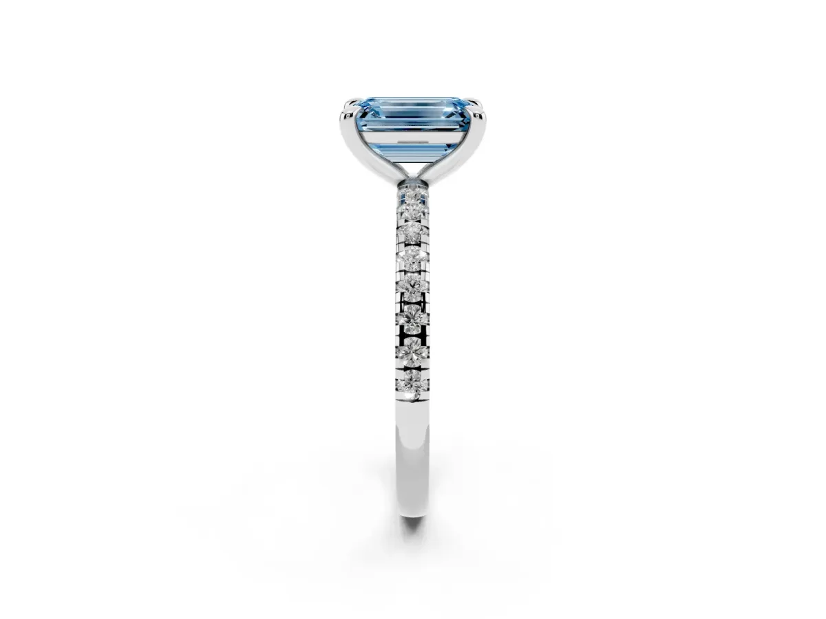 Fancy Blue Emerald Cut Diamond Brilliant Solitaire Ring with Pavé Band and Four-Prong Setting Silver