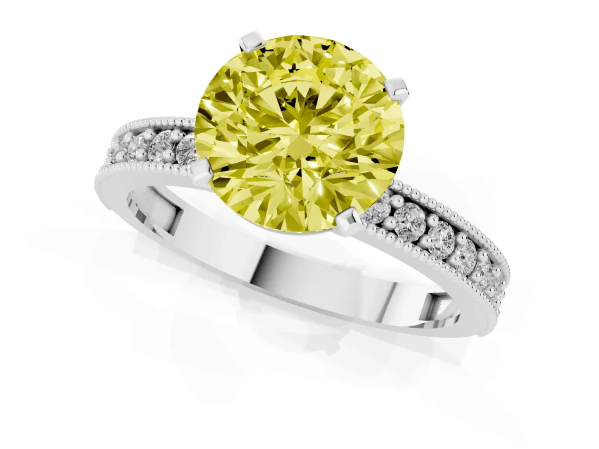 Fancy Yellow Round Cut Diamond Milgrain Pavé Engagement Ring with Four-Prong Setting Silver