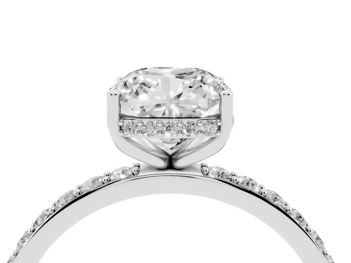 Cushion Cut Diamond Solitaire Ring with Pavé Band and Hidden Halo Silver