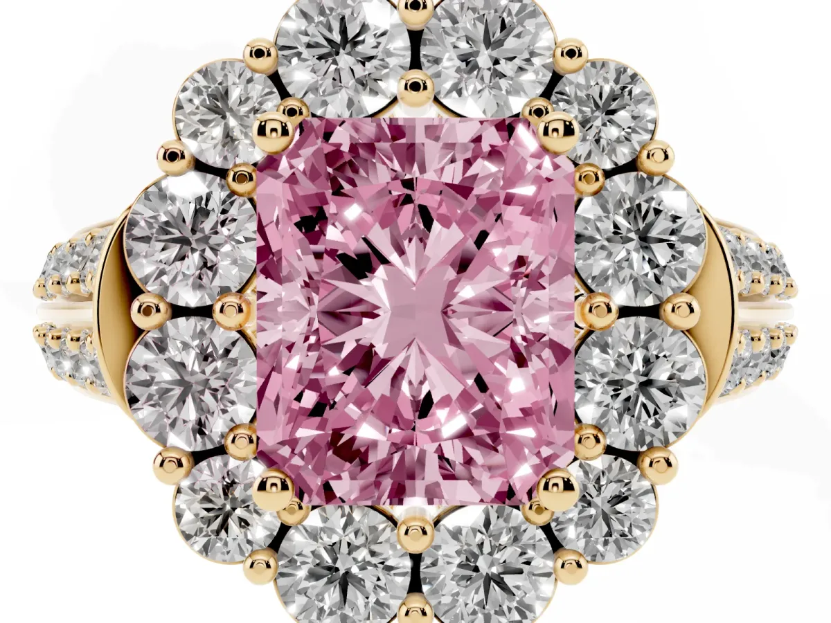 Fancy Pink Radiant Cut Halo Diamond Engagement Ring with Split Shank and Prong Setting Yellow gold