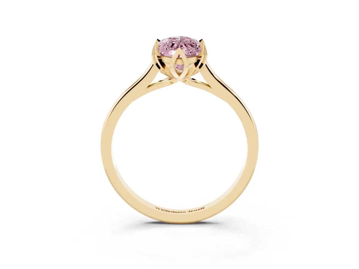 Fancy Pink Marquise Cut Diamond Solitaire Ring with Flower Prong Setting and Classic Band Yellow gold