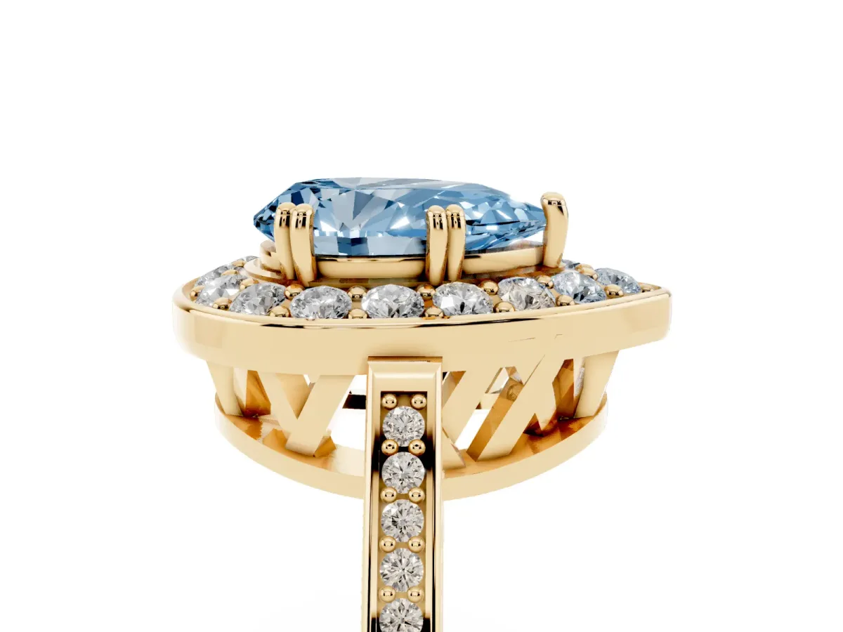 Fancy Blue Pear Cut Diamond Halo Ring with Split Shank and Four-Prong Setting Yellow gold
