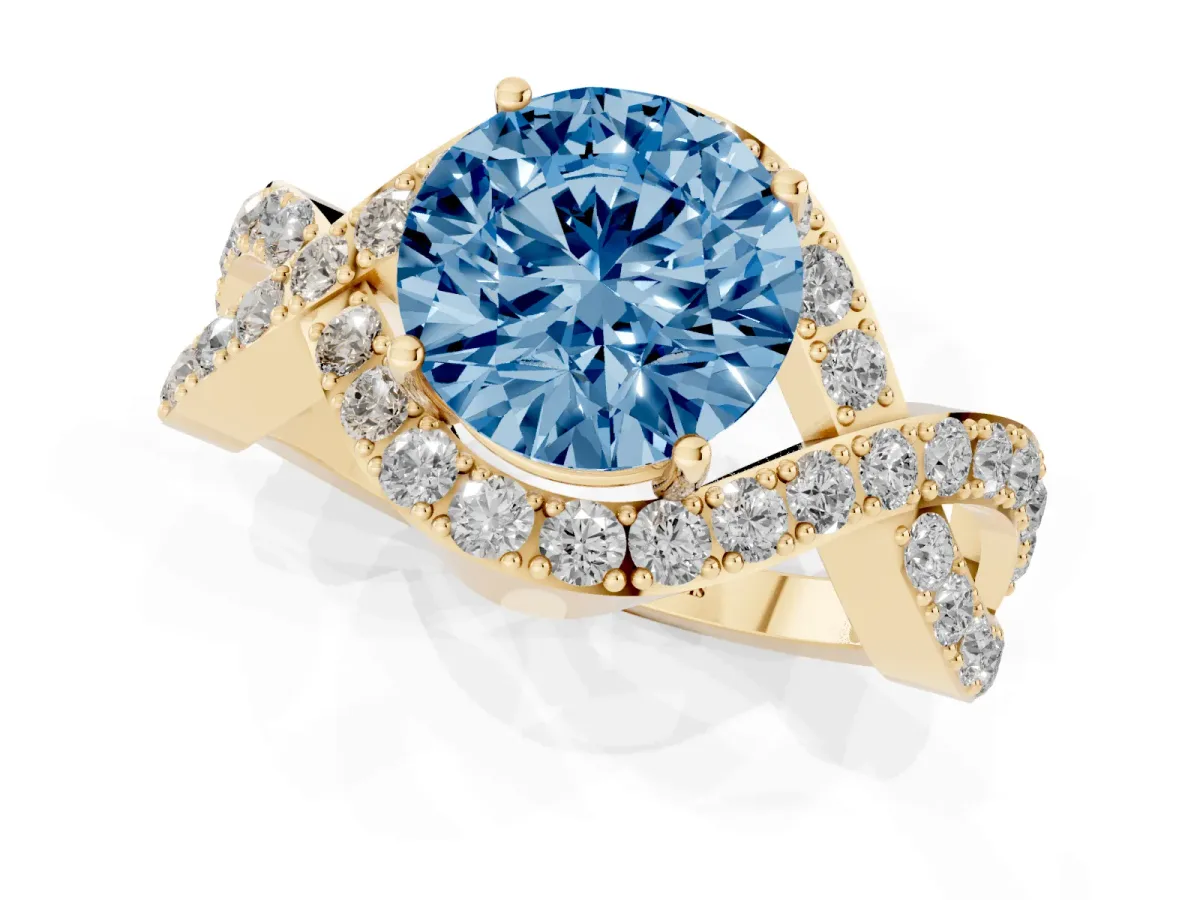 Fancy Blue Round Cut Solitaire Twist Band Pavé Diamond Engagement Ring Yellow gold
