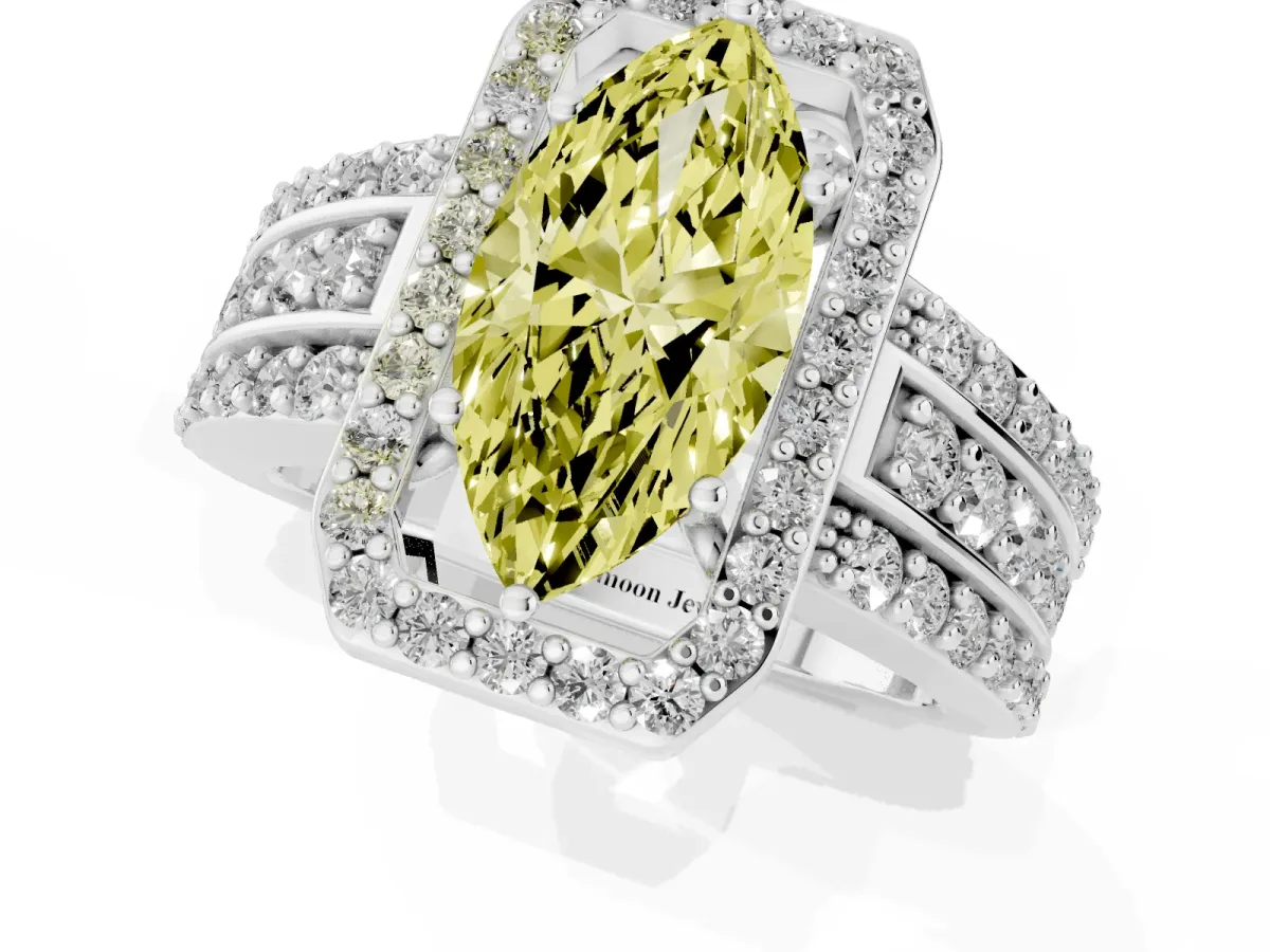 Fancy Yellow Marquise Cut Halo Diamond Ring with Round Split Shank and Prong Setting Silver