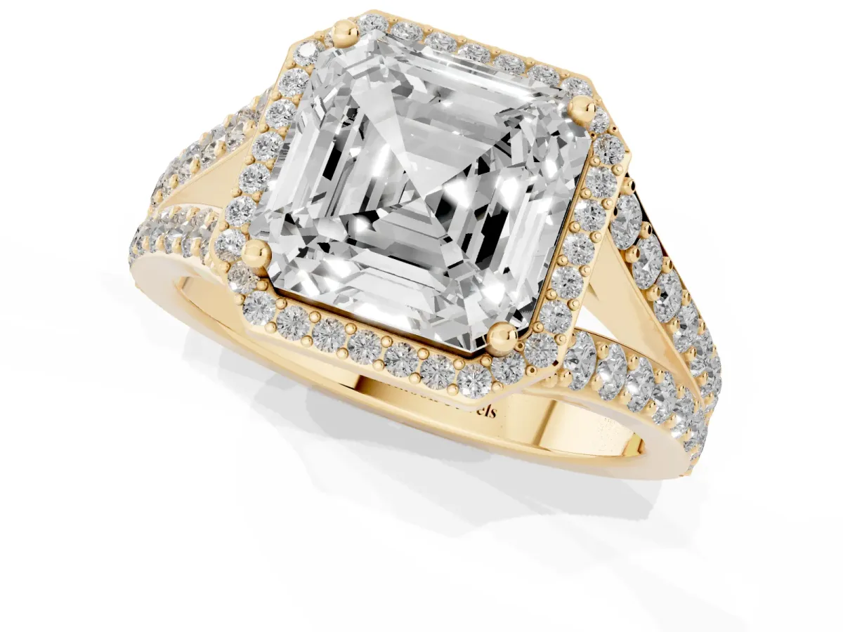 Asscher Cut Diamond Split Shank Halo Ring with Four-Prong Setting Yellow gold