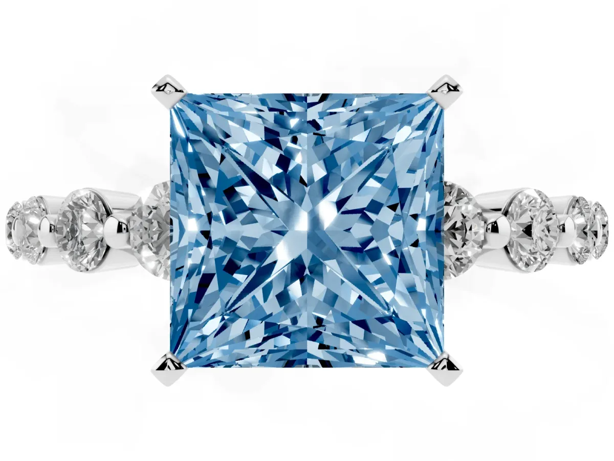 Fancy Blue Princess Cut Solitaire Diamond Ring with Pave Band and Four-Prong Setting Silver