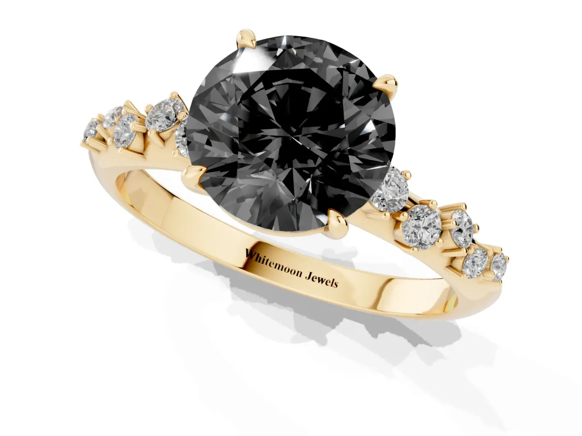 Fancy Black Round Cut Diamond Cluster Side Stone Solitaire Ring with Prong Setting Yellow gold