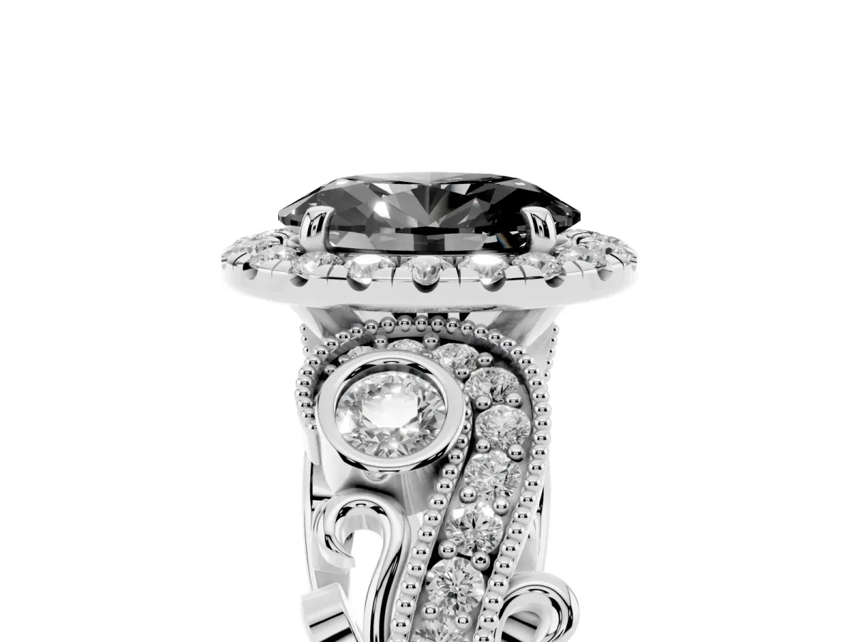 Fancy Black Oval Cut Halo Diamond Ring with Milgrain and Bezel Accents on a Split Shank Band Platinum