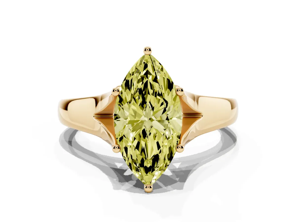 Fancy Yellow Marquise Cut Solitaire Diamond Ring with Cathedral Band and Four-Prong Setting Yellow gold