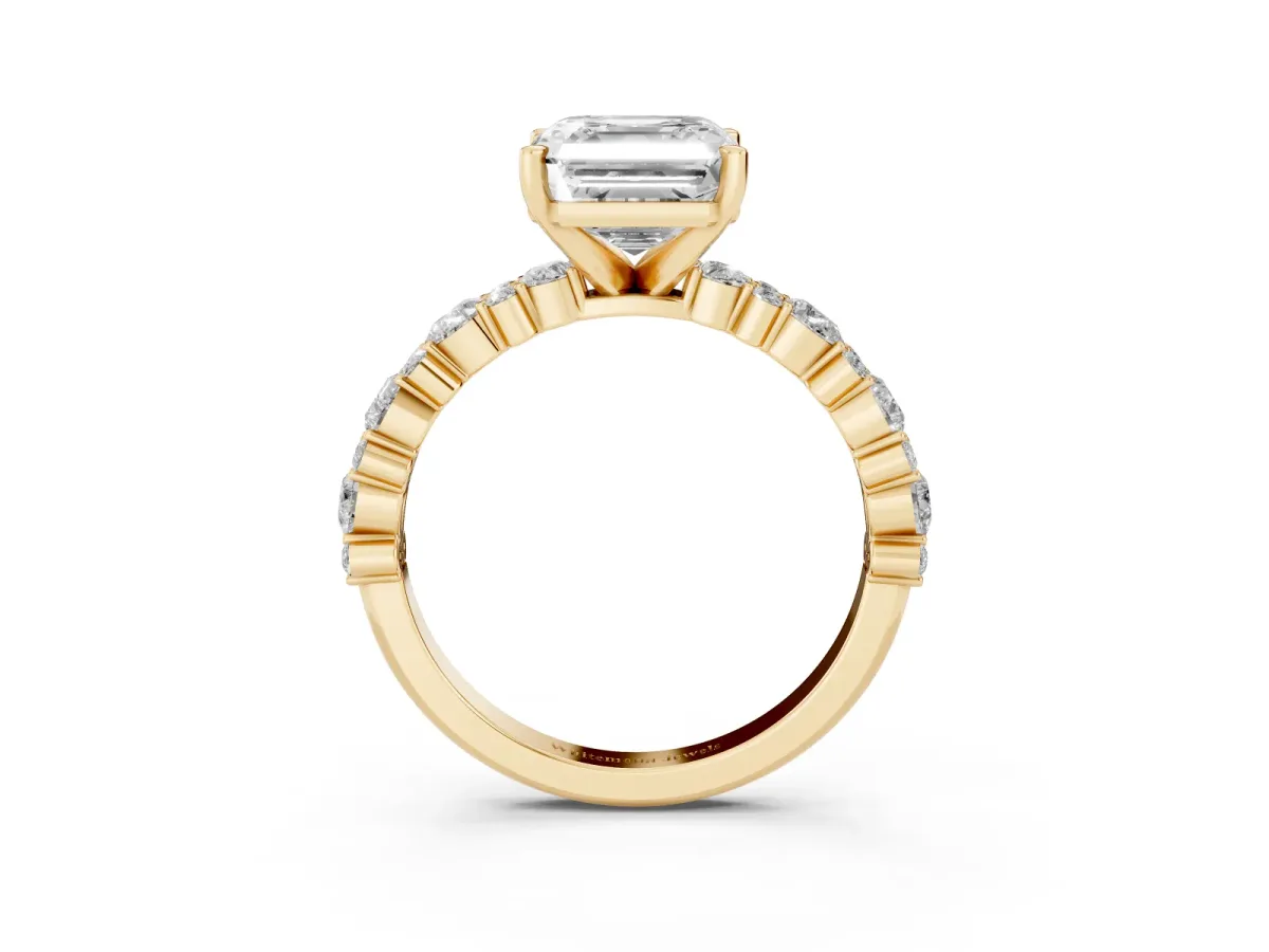 Asscher Cut Diamond Side Stone Solitaire Ring with Round and Four-Prong Setting Yellow gold