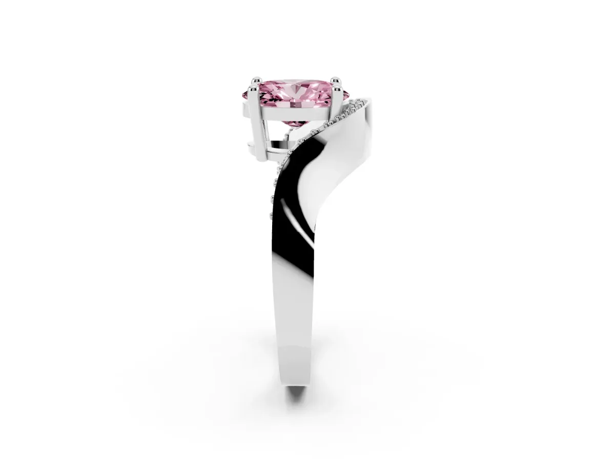 Fancy Pink Oval Cut Solitaire Diamond Engagement Ring with Pave Band and Four-Prong Setting Silver