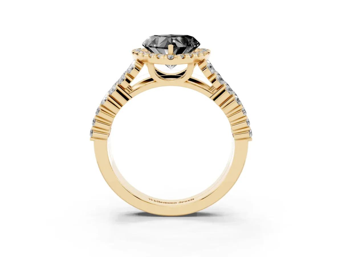 Fancy Black Heart Cut Diamond Halo Engagement Ring with Triple Row Round Pavé Band and Prong Setting Yellow gold
