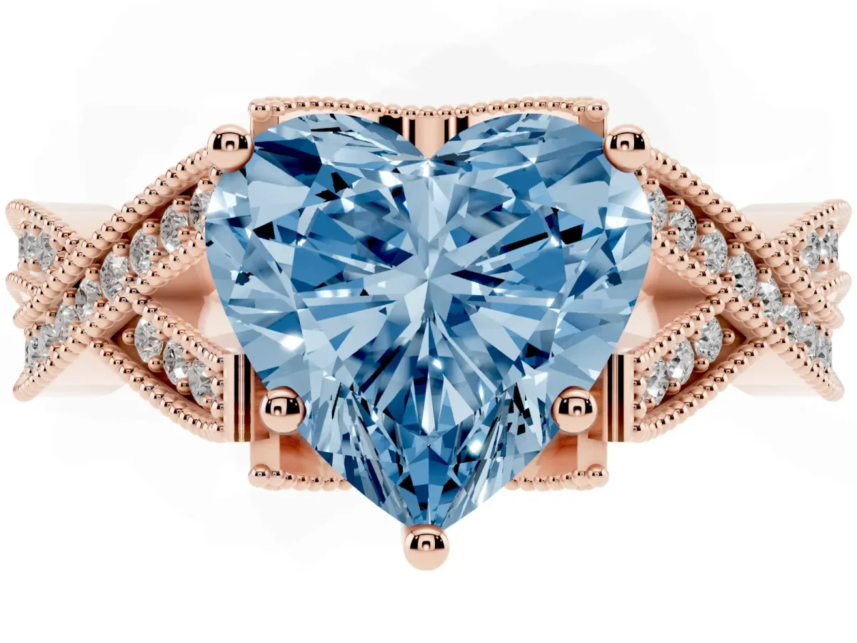 Fancy Blue Heart Cut Cut Diamond Twisted Band with Milgrain Pave Setting and Four-Prong Setting Rose gold