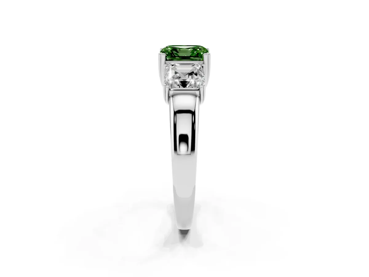 Fancy Green Three-Stone Asscher Cut Cut Diamond Ring with Channel Set Band and Four-Prong Setting Platinum