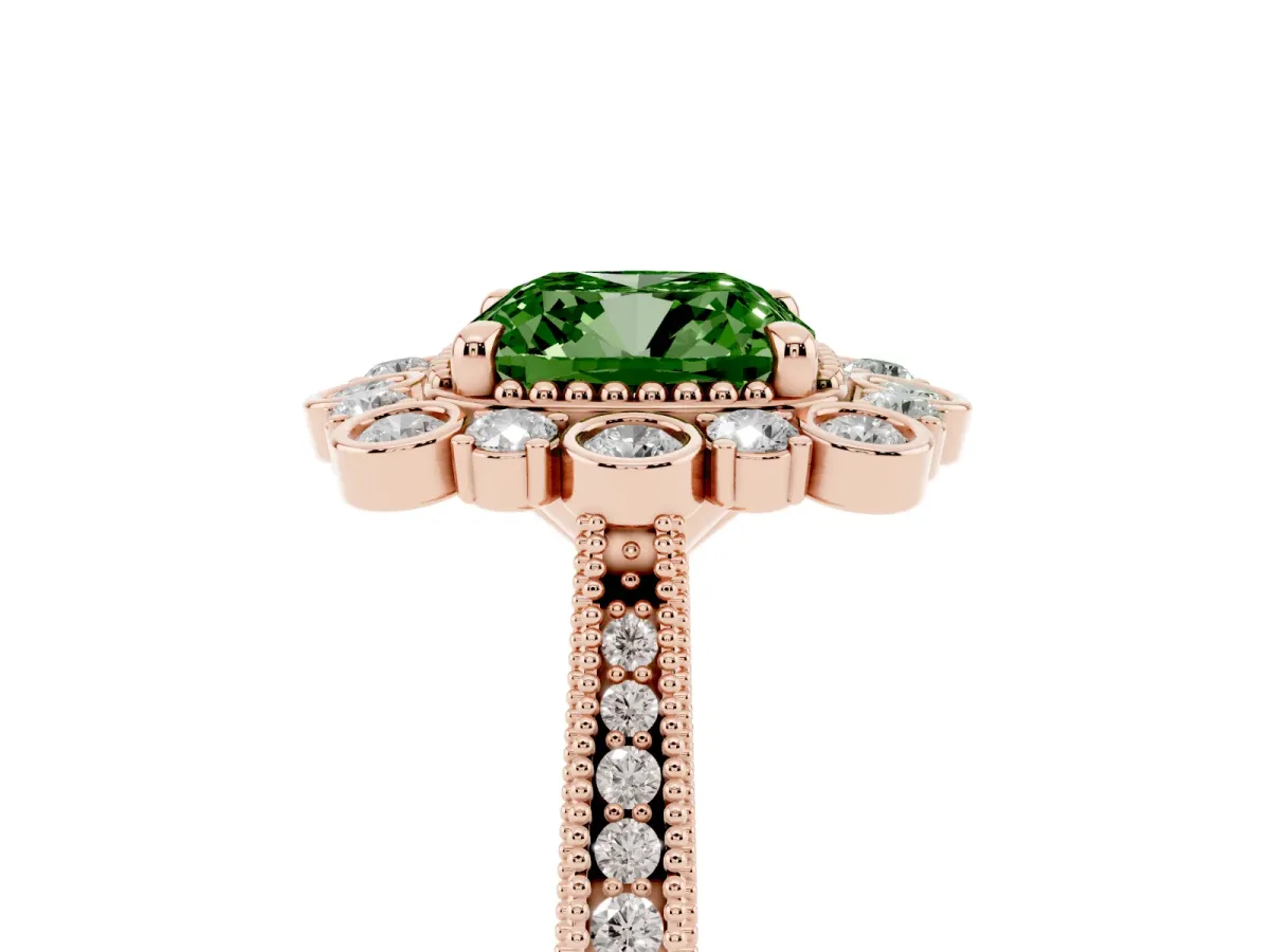 Fancy Green Cushion Cut Halo Milgrain Pave Diamond Ring with Four-Prong Setting Rose gold
